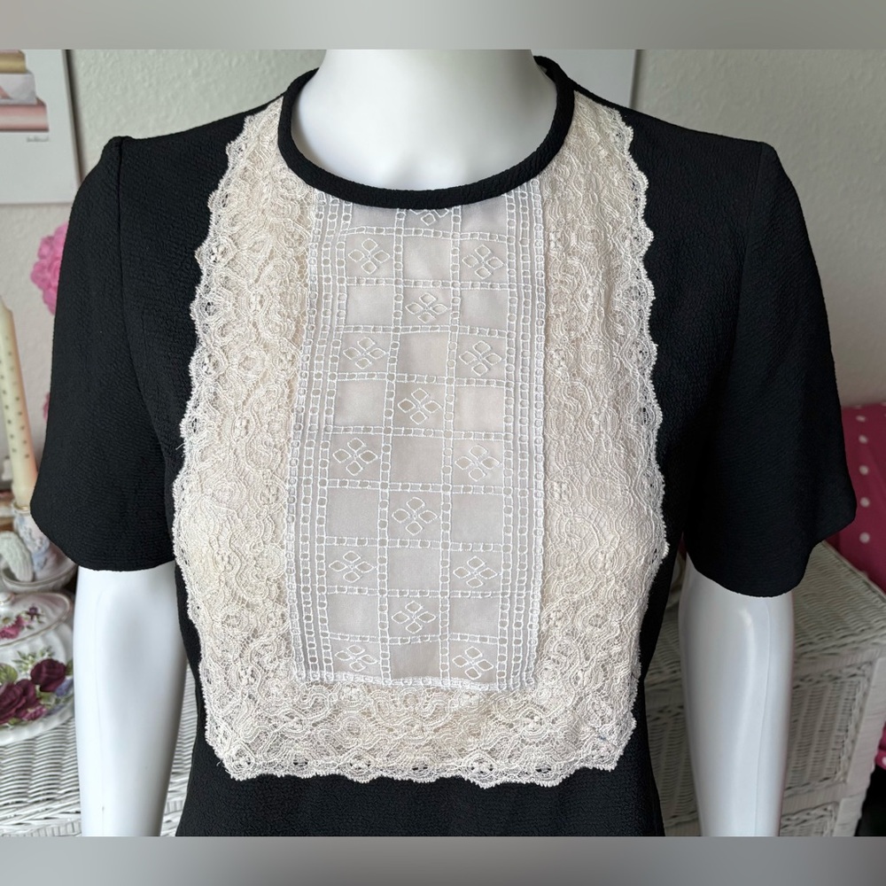 Sandro Lace Bibbed Modest Conservative dress in Black & Cream colors Size Small - Picture 2 of 11
